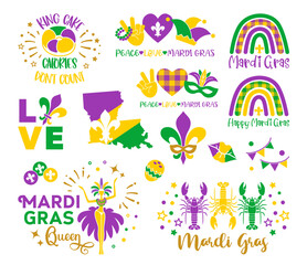 Mardi Gras carnival lettering quotes flat style. Collection mask with feathers, beads, jester hat, fleur de lis