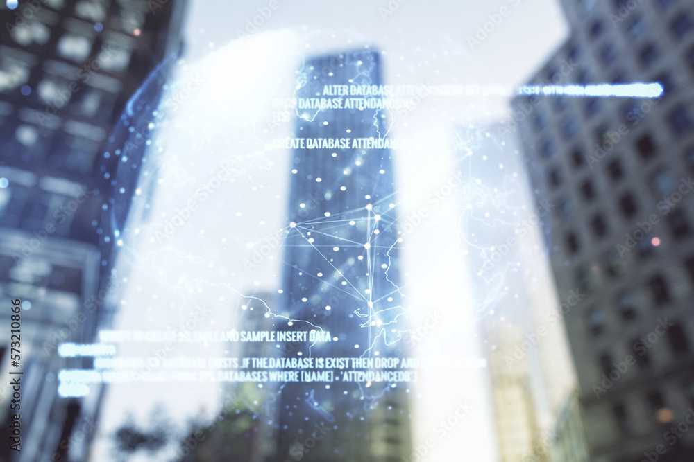 Poster double exposure of abstract programming language hologram and world map on modern skyscrapers backgr