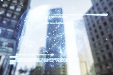 Double exposure of abstract programming language hologram and world map on modern skyscrapers background, research and development concept