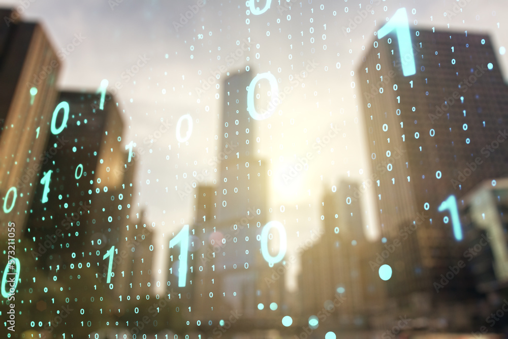 Leinwandbilder abstract virtual binary code sketch on blurry cityscape background, hacking and matrix concept. mult