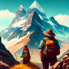Tourist travel in the mountains. Back view. Landscape Illustration. AI Generative