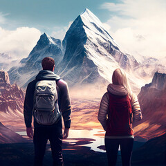 Tourist travel in the mountains. Back view. Landscape Illustration. AI Generative