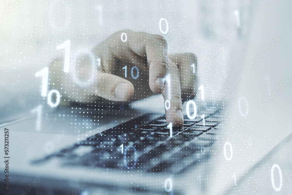 Aufkleber Double exposure of creative abstract binary code hologram and hands typing on laptop on background. Database and programming concept