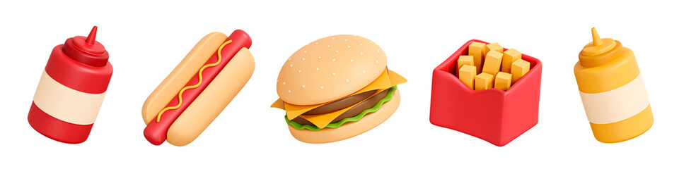 3D Fast food set emoji. Burger, hot dog, french fries and sauce bottle. American combo meal with hamburger, ketchup and mustard. Cartoon creative design icon isolated on white background. 3D Rendering - obrazy, fototapety, plakaty