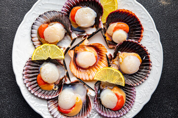 fresh scallop shell seafood meal snack on the table copy space food background rustic top view 