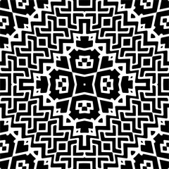 Vector geometric seamless pattern. Minimal ornamental background with abstract shapes. Black and white mandala. Simple abstract ornament background. Dark repeat design for decor, fabric, cloth.