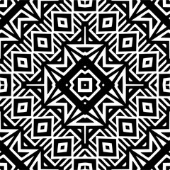 Vector geometric seamless pattern. Minimal ornamental background with abstract shapes. Black and white mandala. Simple abstract ornament background. Dark repeat design for decor, fabric, cloth.