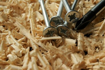 Metal screws and screwdriver in wood shavings. Carpenter's workshop.