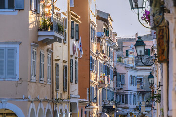 Fototapeta na wymiar People on a street in historic part of Corfu town, Greece