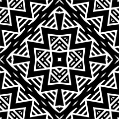 Vector geometric seamless pattern. Minimal ornamental background with abstract shapes. Black and white mandala. Simple abstract ornament background. Dark repeat design for decor, fabric, cloth.