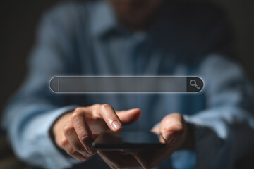 Close up of business man hands using smart phone with search icon. Business technology concept.