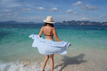 woman on the beach in krabi thailand, poda island, model shooting