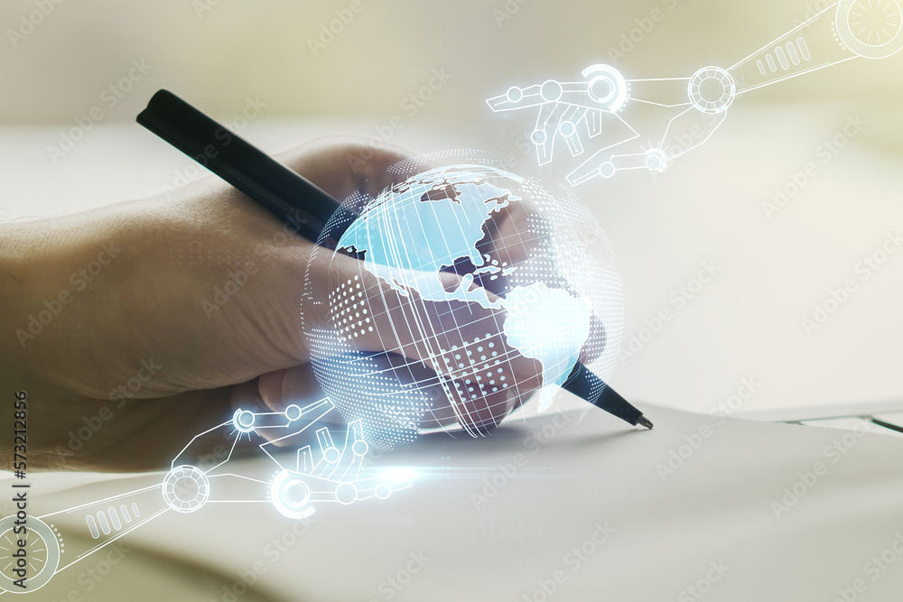 Aufkleber creative concept of robotics technology with globe sketch and man hand writing in notebook on backgr
