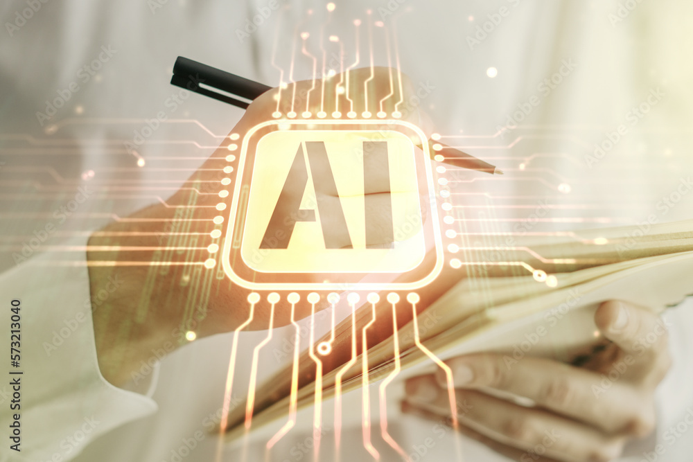 Aufkleber creative artificial intelligence symbol concept with man hand writing in notebook on background. mul