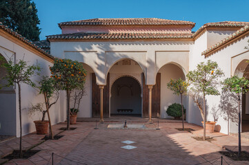 Fototapeta premium Courtyard of the Orange Trees in Nasrid palace, Alcazaba, Malaga, Spain