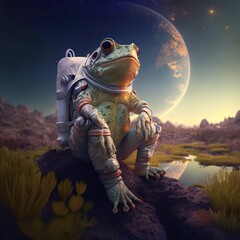 Frog, astronaut suit in the Mateusz Urbanowicz mountain, photorealistic, 8k, full body, cinematic lighting, HD, high details, atmospheric,