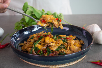 Vegetarian food, Stir fried omelet with chili and holy basil, Thai food.