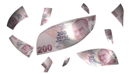 3D Render Set of Flying Turkey Lira Money Banknote