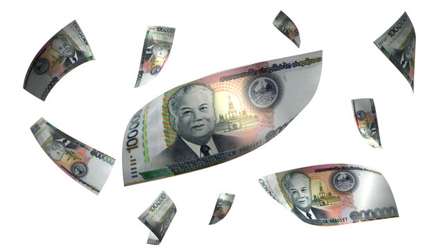3D Render Set of Flying Laos 100000 Kip Money Banknote