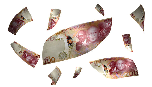 3D Render Set of Flying Lesotho 200 Maloti Money Banknote