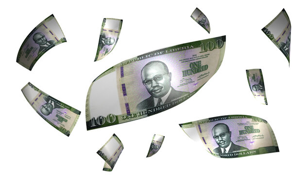 3D Render Set of Flying Liberia 100 Dollars Money Banknote