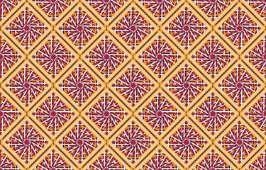 Mexican indian design with tribal ethnic themes on a geometric seamless background Beautiful textile print with native American tribal elements in an ethnic traditional style. Folk fashion from Mexico