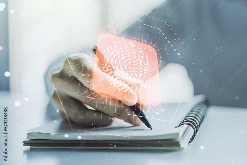 Poster Multi exposure of abstract fingerprint scan interface with man hand writing in notepad on background, digital access concept