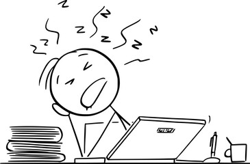Tired Person Sleeping Behind Desk, Vector Cartoon Stick Figure Illustration