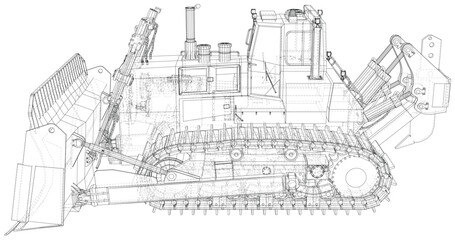 Powerful hydraulic bulldozer. Wire-frame. Vehicle Vector Illustration transport. The layers of visible and invisible lines are separated. EPS10 format