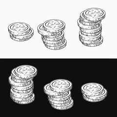 Coins with dollar sign. Small, medium, large stacks. Set of design elements in retro style. Side view. Detailed vector illustration in vintage style on black, white background
