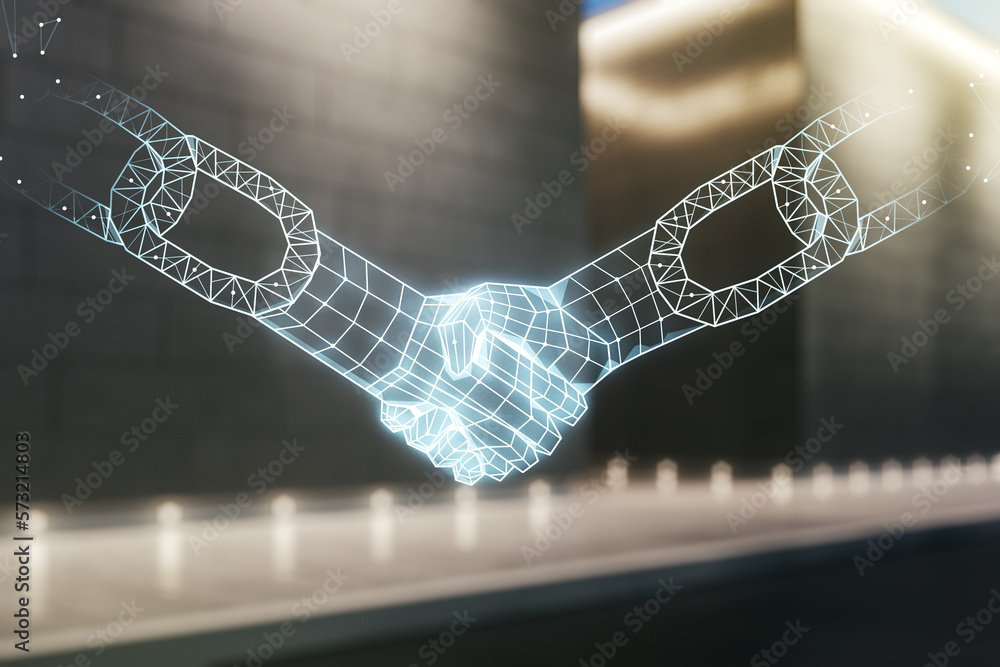 Aufkleber abstract virtual block chain technology hologram with handshake on blurry contemporary office buildi