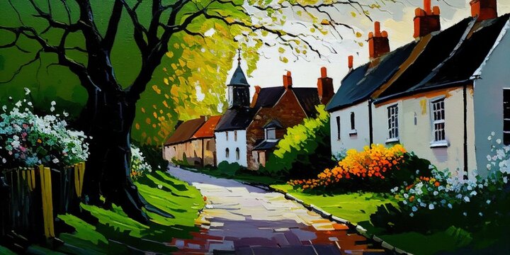 English village in summer. Oil painting.
Generative AI art.