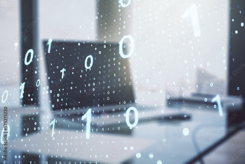 Fototapete double exposure of creative abstract binary code hologram on laptop background. database and program