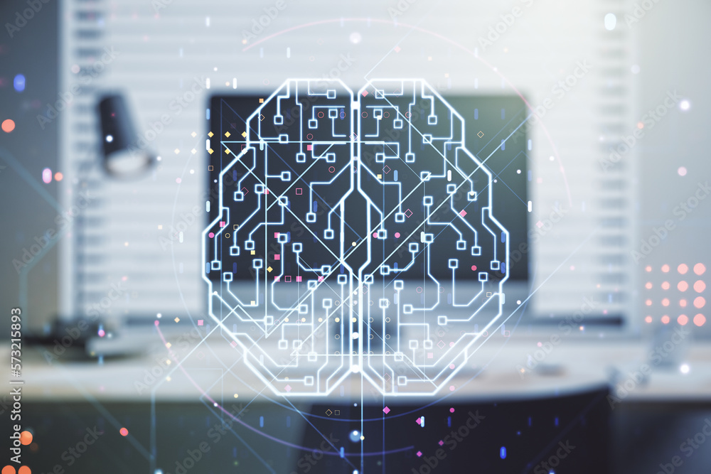 Aufkleber double exposure of creative human brain microcircuit with computer on background. future technology 