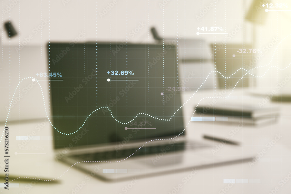 Poster multi exposure of abstract statistics data hologram interface on computer background, computing and 