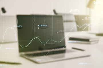Multi exposure of abstract statistics data hologram interface on computer background, computing and analytics concept