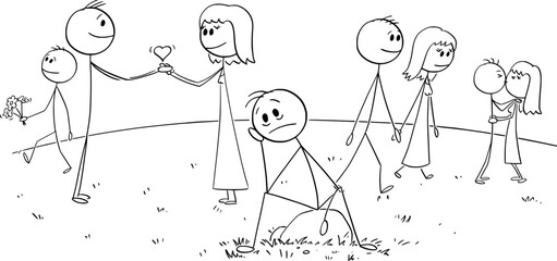 Unhappy Alone Person Wants Love, Vector Cartoon Stick Figure Illustration - 573216224