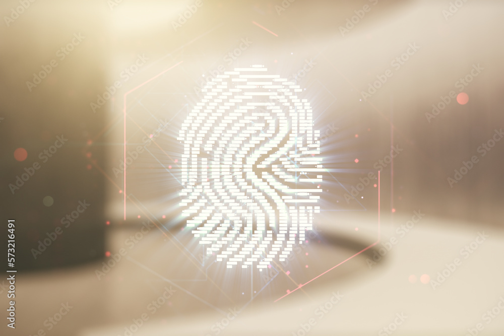 Fototapete Multi exposure of virtual fingerprint scan interface on empty modern office background, digital access concept