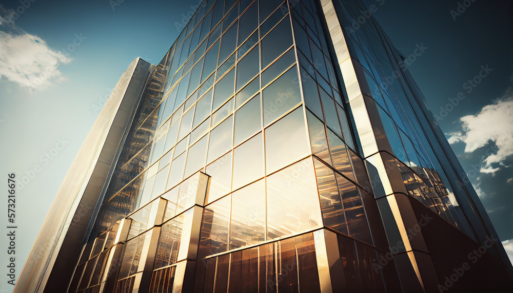 Poster modern architecture sunny day with mirroring sky in windows