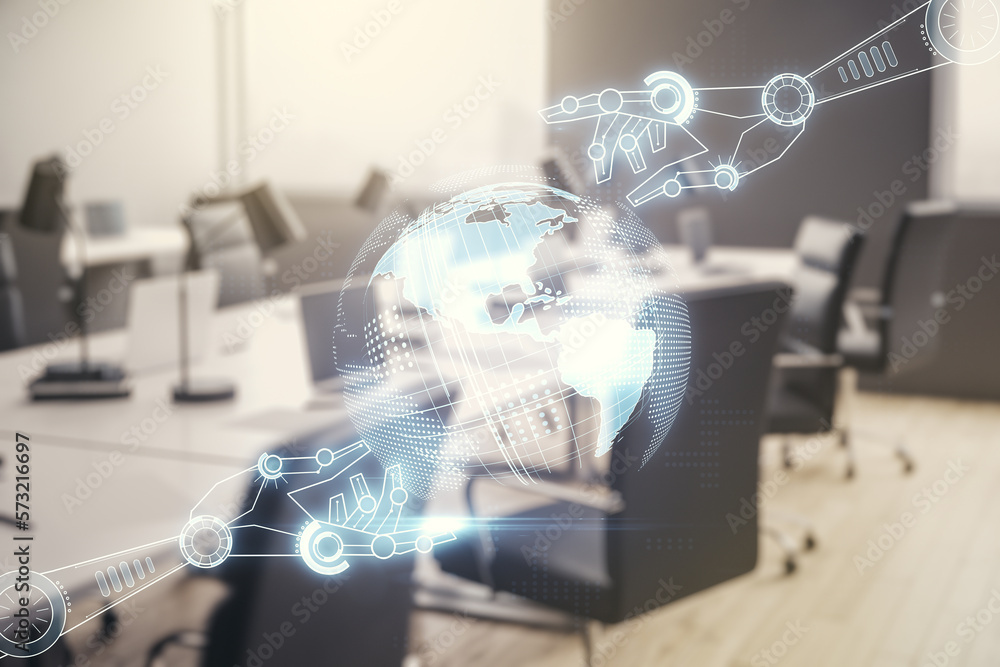 Aufkleber Double exposure of abstract virtual robotics technology with world map hologram on modern corporate office background. Research and development software concept