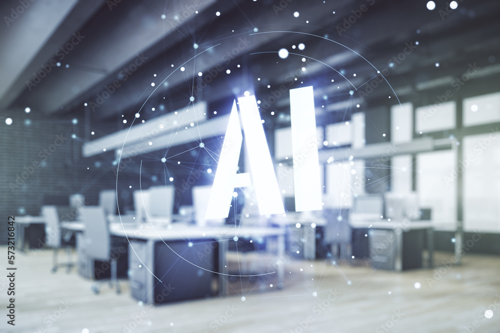 Poster double exposure of creative artificial intelligence icon on modern corporate office background. neur