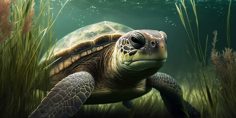 Fototapeta na wymiar Green Sea Turtle eating seaweed, Chelonia mydas, Underwater generated by Ai.