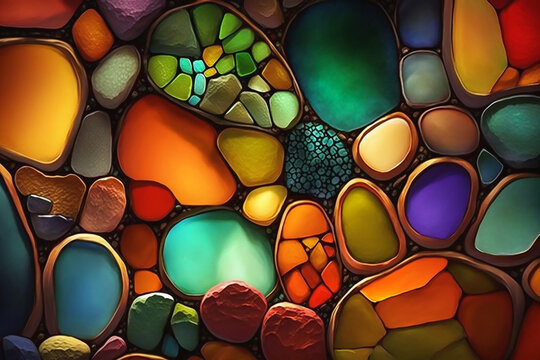Brightly colored stones and pebbles, river pebbles, illustration, Generative AI