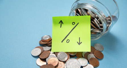 Percentage symbol on sticky note with a coins.