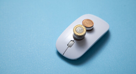 Computer mouse and coins on the blue background.