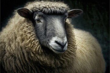 Fototapeta premium Close up portrait of a cute sheep ready to have its wool shorn. AI generative