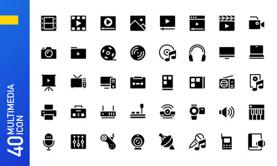 Glyph icons of multimedia device and app. Suitable for design element of multimedia UI UX.