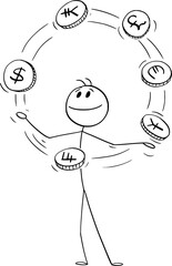 Businessman Juggling With Coins , Vector Cartoon Stick Figure Illustration