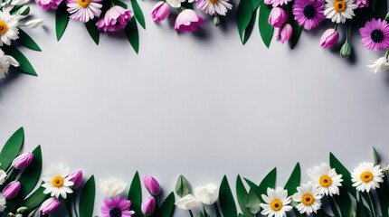 Colorful spring flowers framing silver gray colored copy space. Flat lay. Generative AI illustration