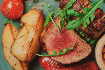 Modern restaurant fresh dish with grilled meat and vegetables